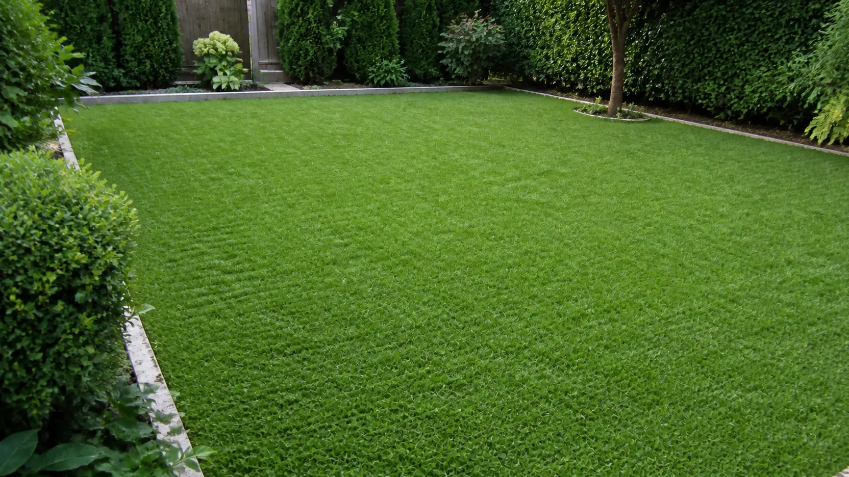 Nachher: derselbe Garten mit frisch verlegtem Rollrasen