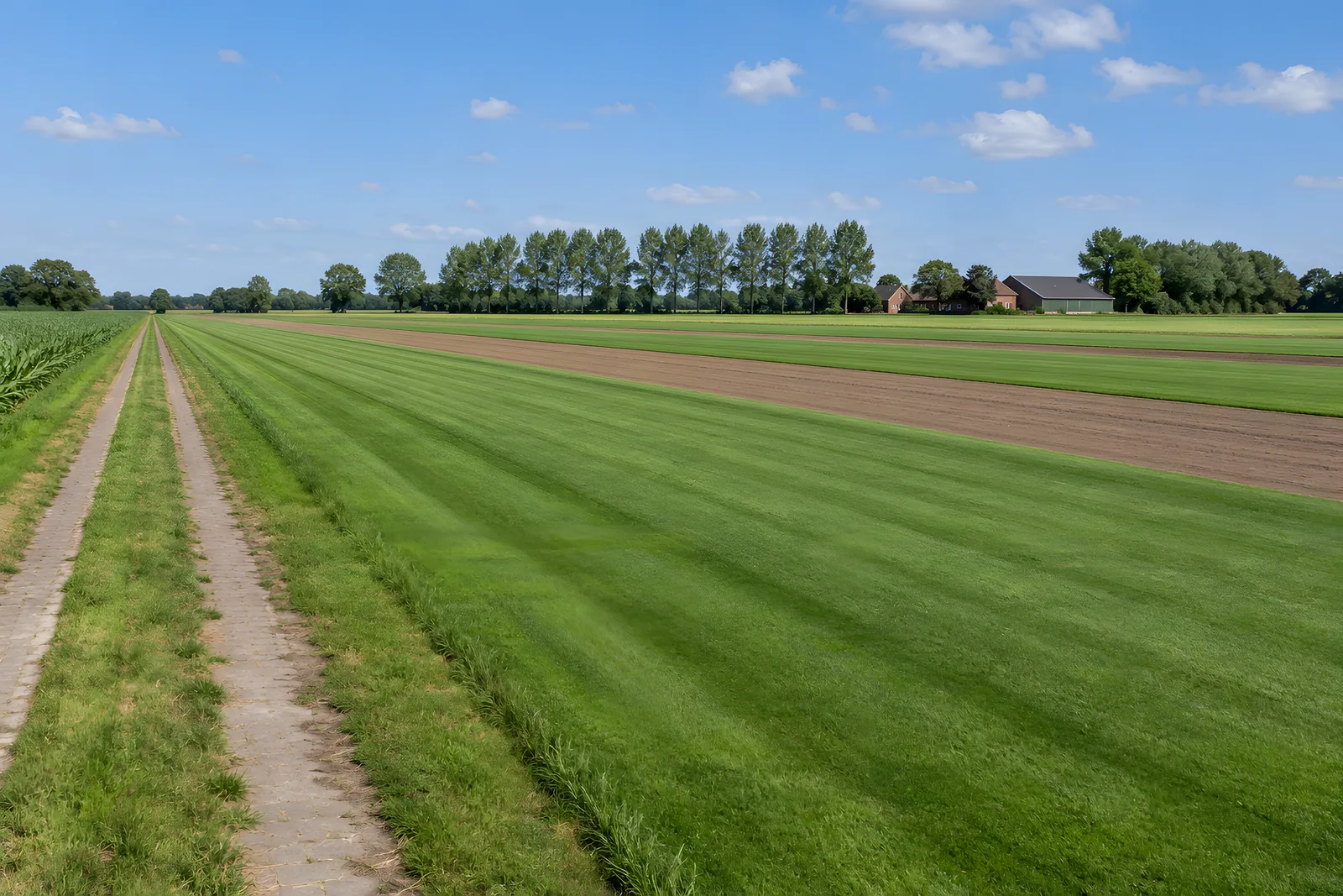 Rollrasenfelder mit abgeernteten Streifen, Feldweg und Baumreihe am Horizont