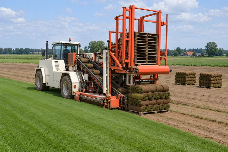 Erntemaschine schält, rollt und stapelt Rasen auf dem Feld