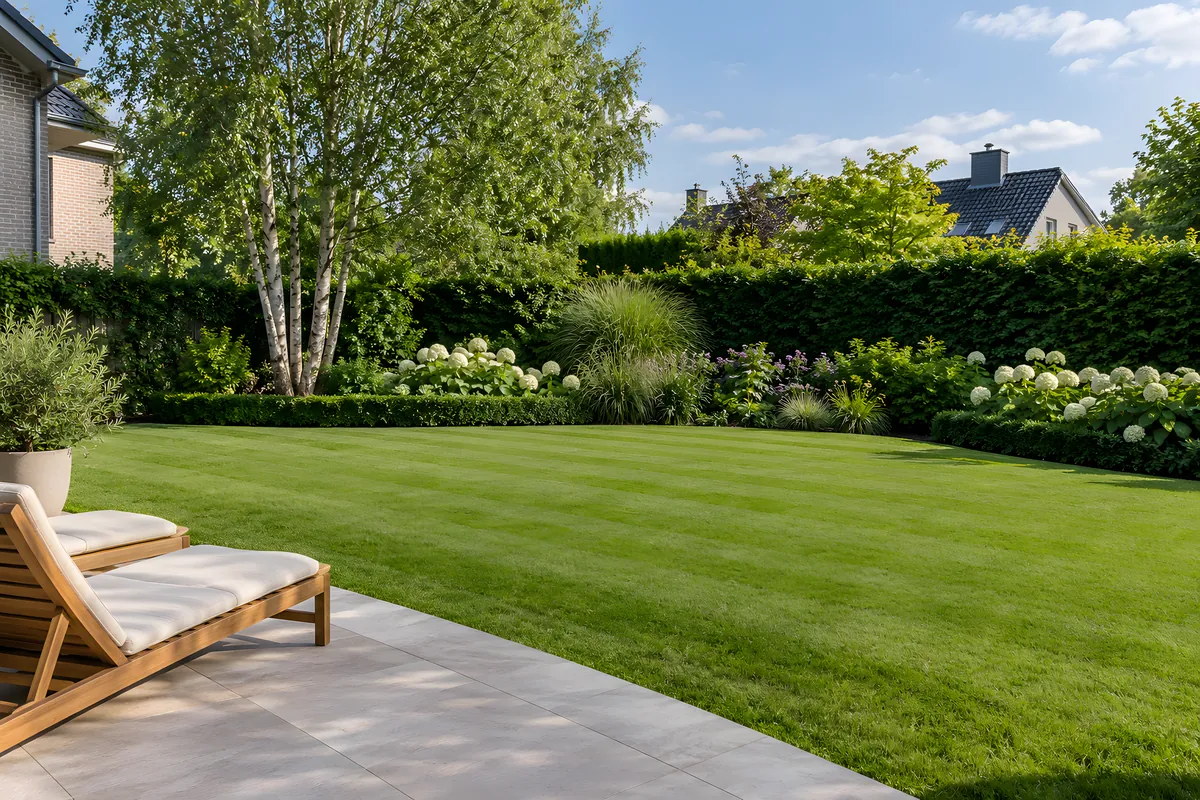 Garten mit dichtem, gestreift gemähtem Rasen, Liegen auf der Terrasse und Hecke