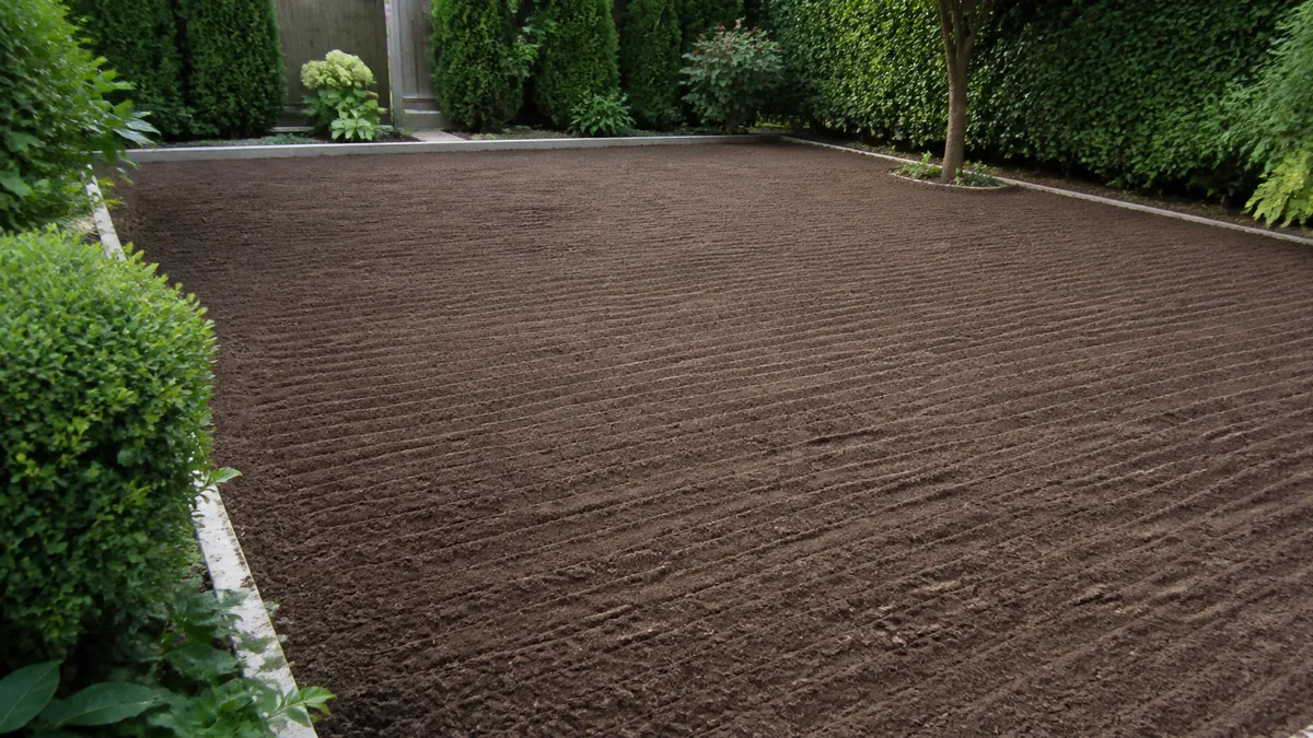Derselbe Garten vor der Verlegung mit vorbereitetem Boden