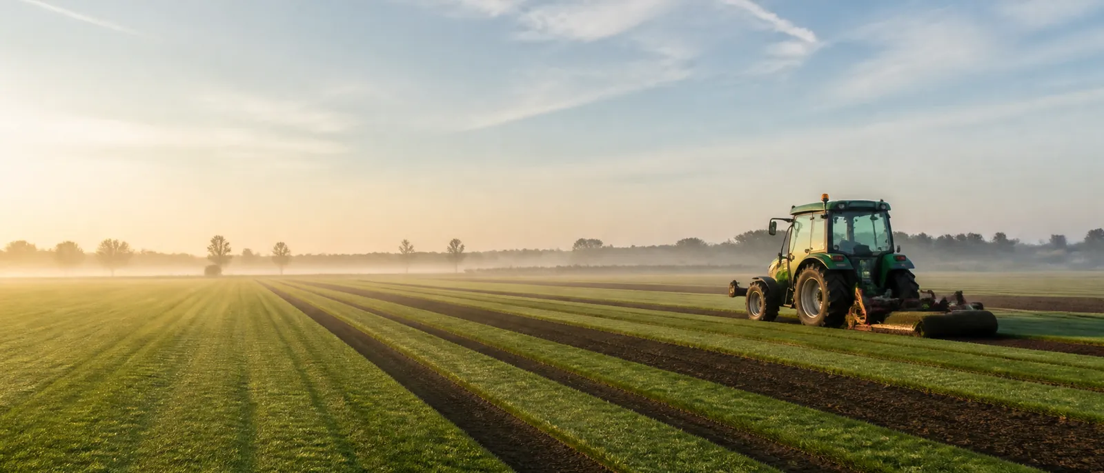 Rollrasenfeld von Kahl mit Traktor